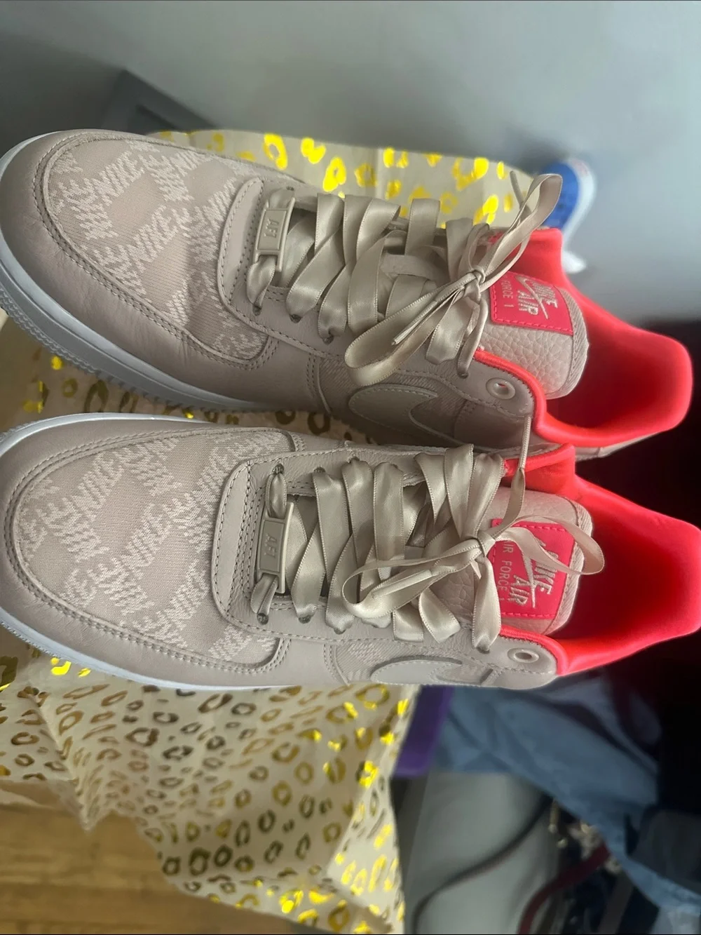 Nike Air Force 1 Low Pink Satin-Laced Sneakers with Coral Interior